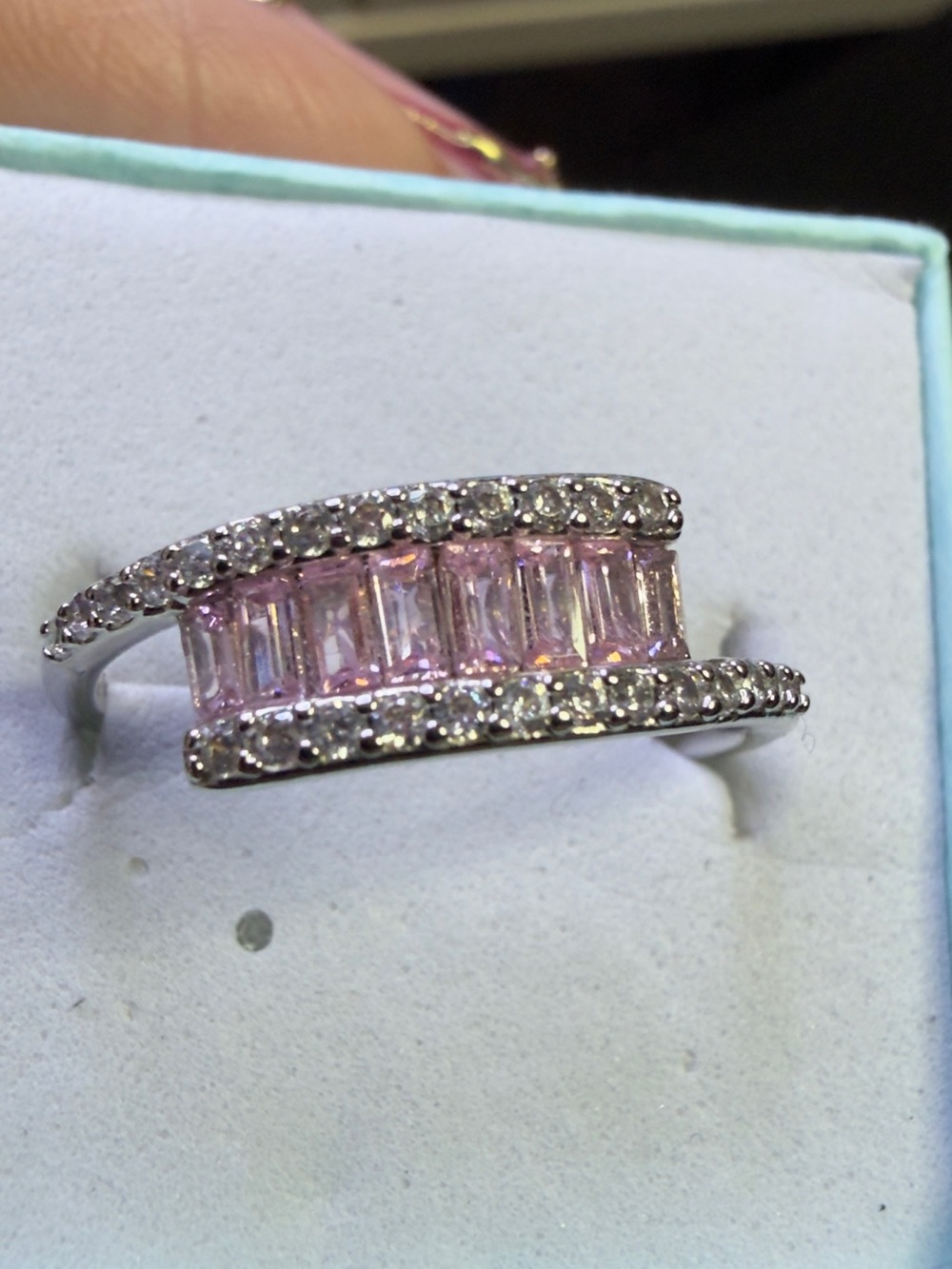 Rhodium plated Pink Baguette CZ Double Row Ring 💎